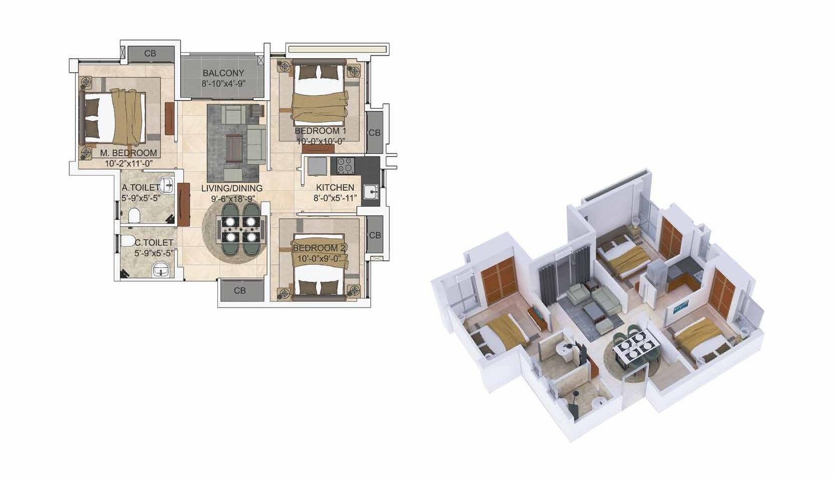 3BHK 1040 SQ.FT.